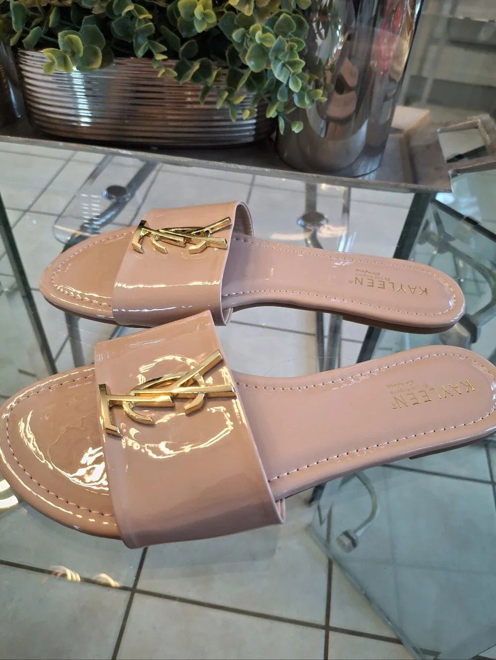 Beige  Patent Slide Sandals with Gold Logo
